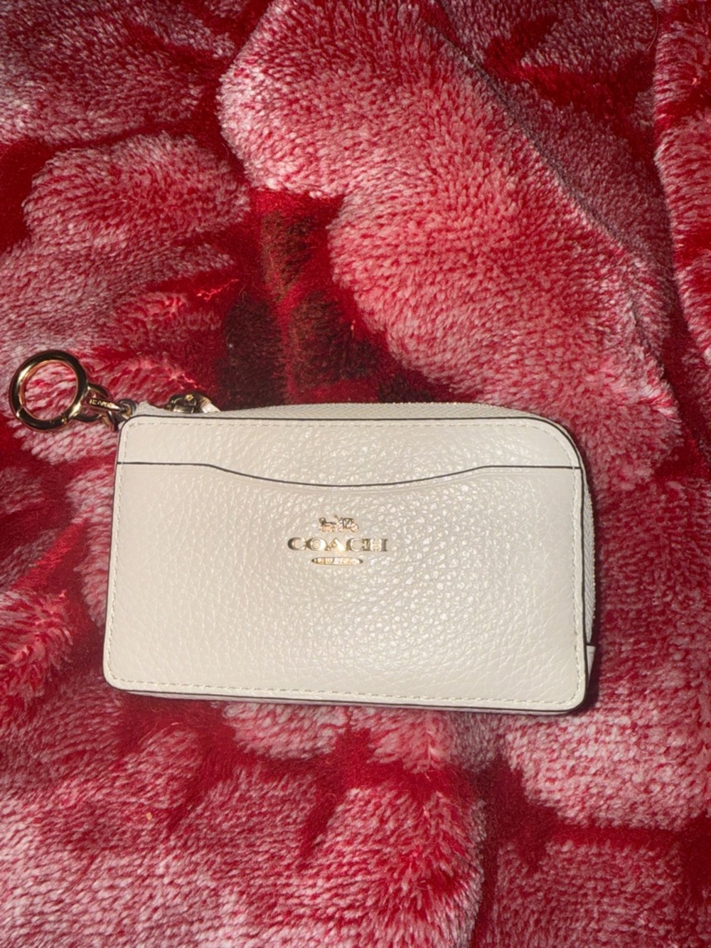 COACH White Pebbled Leather Card Case with Gold Key Ring
